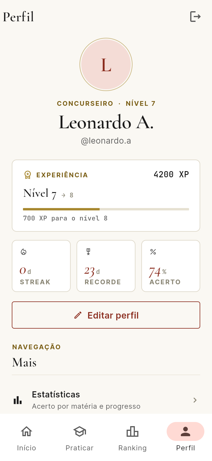 Perfil gamificado no nível 7 com 4.200 XP, barra de progresso para o nível 8 e cartões de sequência, recorde e acerto.