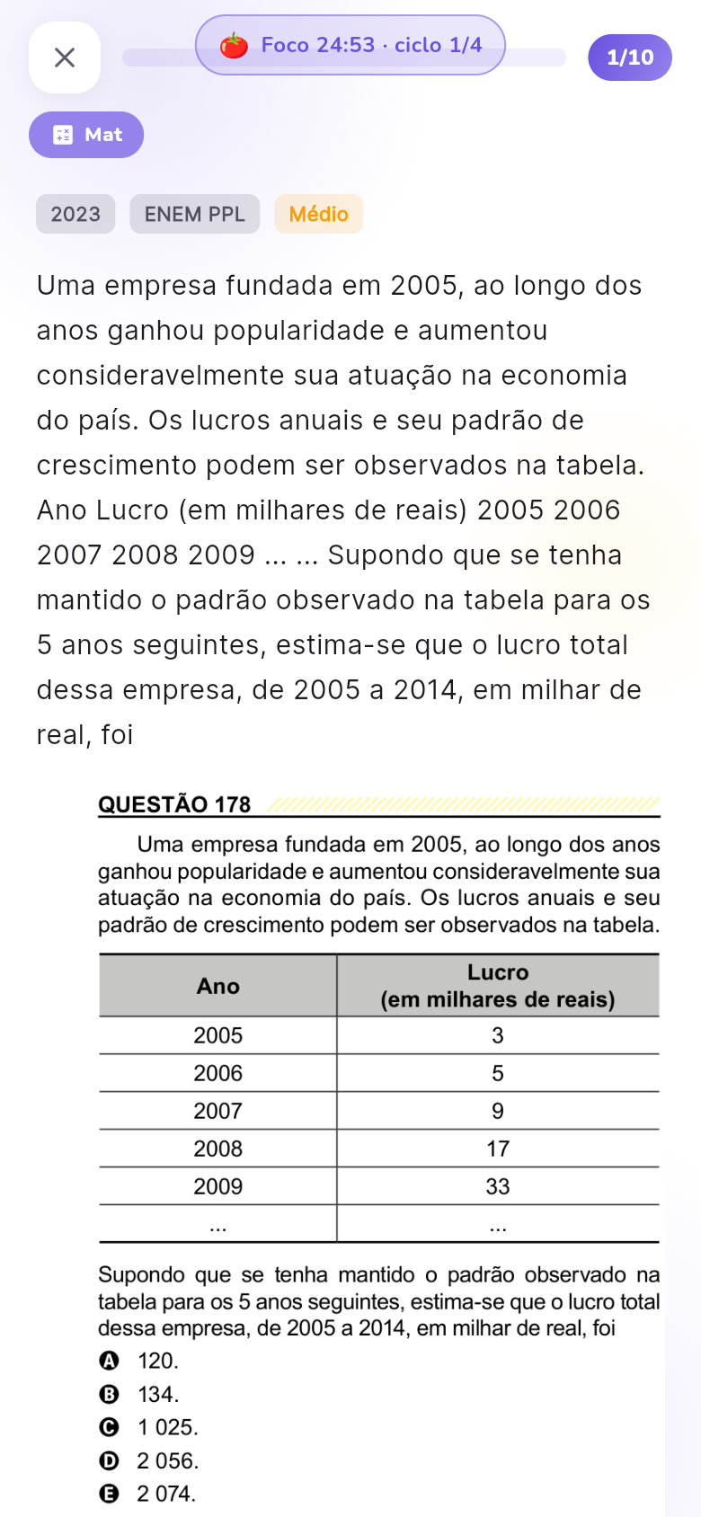 Questão real do ENEM PPL 2023 de Matemática sendo respondida, com a pílula de foco do Pomodoro marcando 24:53 e o ciclo 1 de 4 no topo, sobre as alternativas A a E
