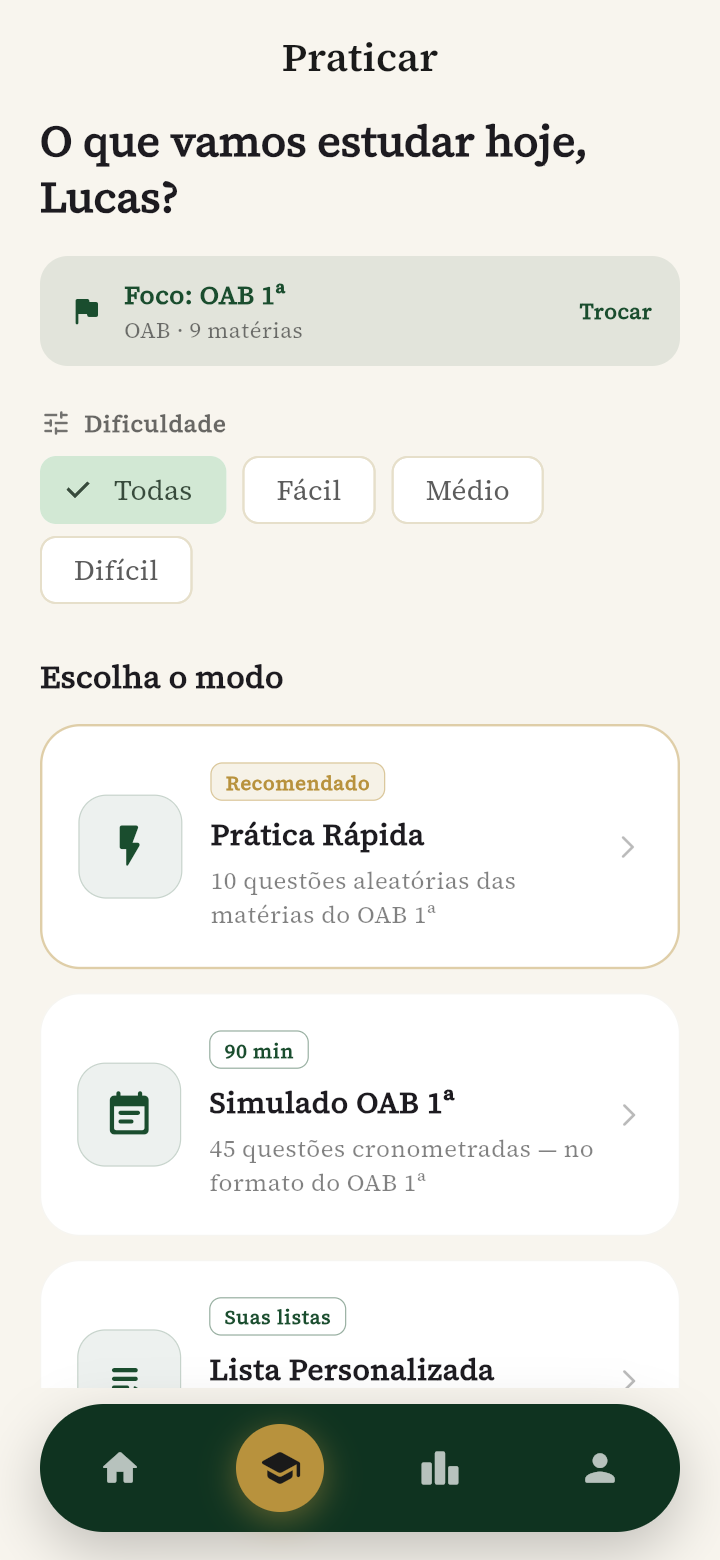 Tela Praticar do Arena Profissões: foco no exame OAB 1ª, filtro de dificuldade e modos de estudo — Prática Rápida (10 questões), Simulado cronometrado (45 questões) e Lista Personalizada, com Modo Pomodoro opcional para estudar em ciclos de foco.