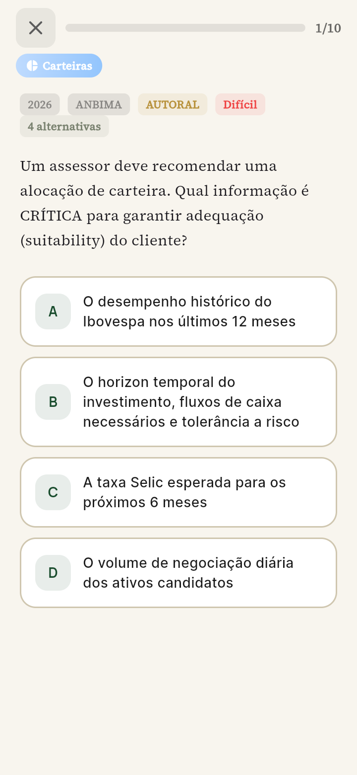 Questão no Arena Profissões: enunciado com metadados (ano, banca, dificuldade), alternativas A–D e selo de honestidade indicando quando o gabarito é autoral e está em revisão editorial.