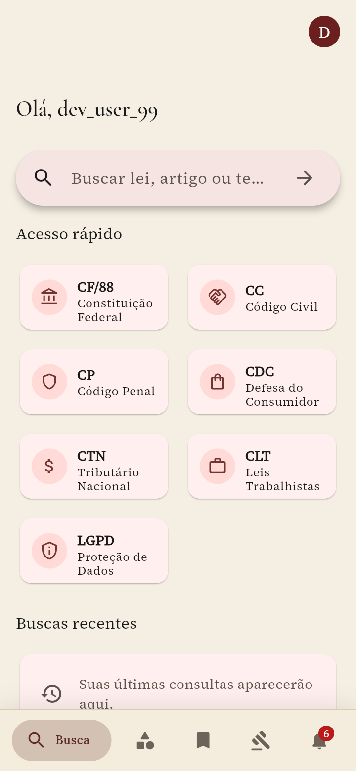 Tela inicial do CodexIndex com a barra de busca no topo e a grade ‘Acesso rápido’ com os sete códigos: Constituição Federal, Código Civil, Código Penal, CDC, CTN, CLT e LGPD.