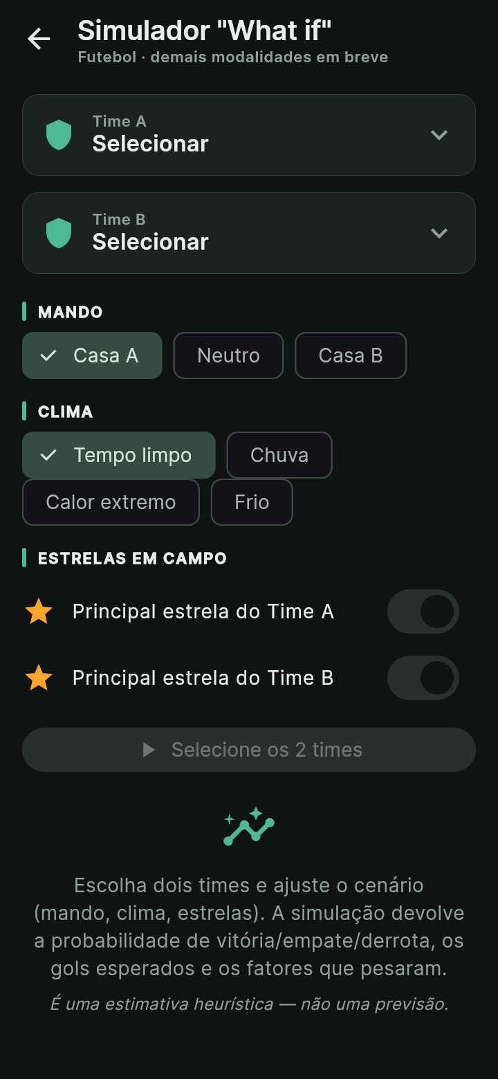 DeepStats — simulador What-If: escolha dois times e ajuste mando de campo, clima e estrelas em campo; o app estima vitória, empate e derrota, com aviso de que é estimativa heurística