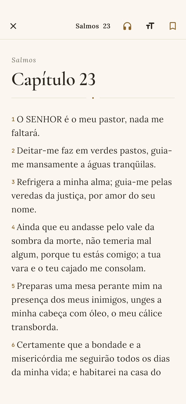 Tela de leitura do Iluminura no Salmo 23, na Almeida Corrigida Fiel: ‘O SENHOR é o meu pastor, nada me faltará.’