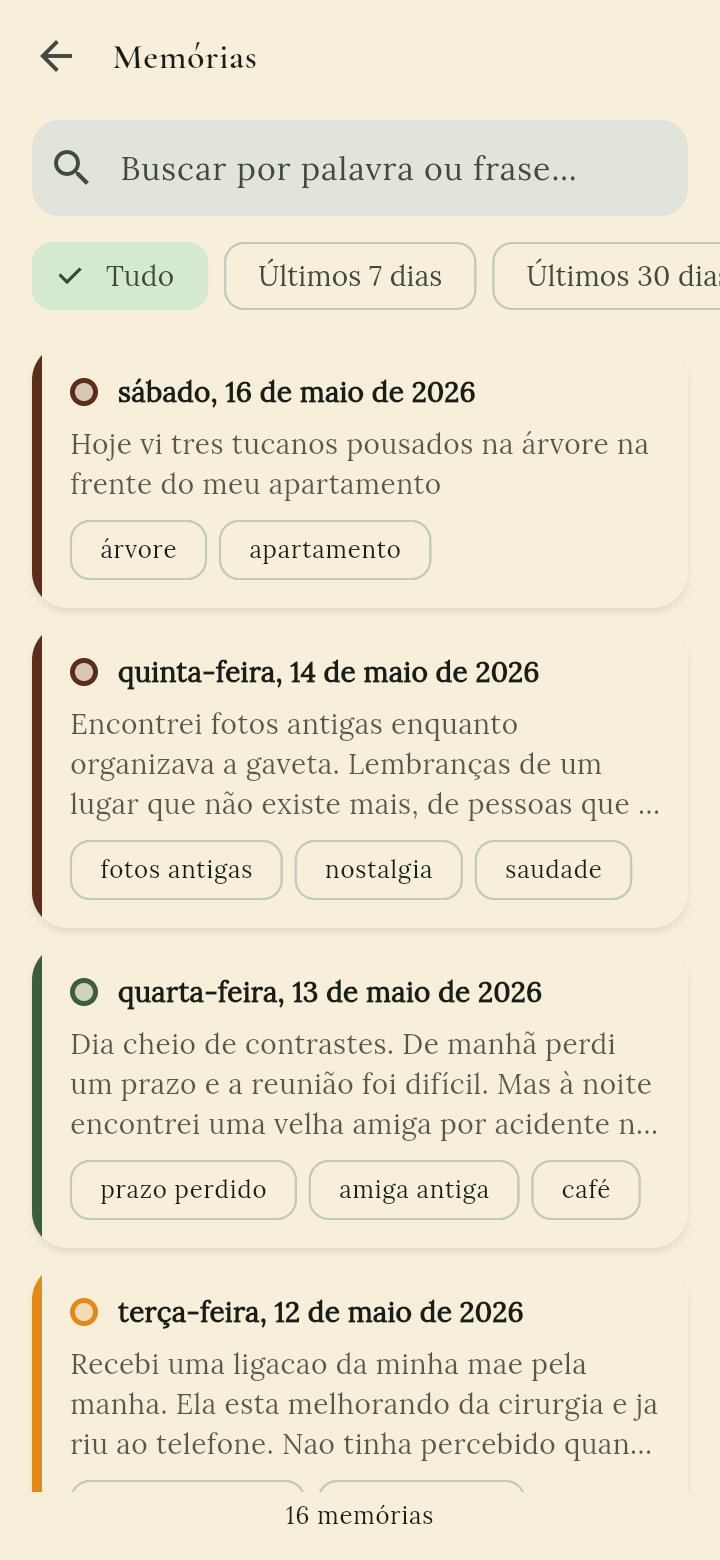 Tela Memórias: lista de entradas do diário com datas, trechos do dia e etiquetas como nostalgia e saudade.