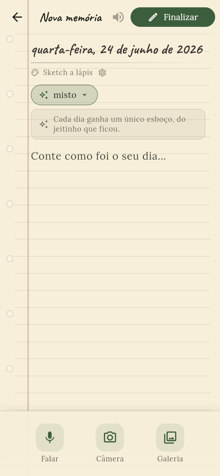 Editor Nova memória: papel-caderno pautado, seletor de estilo Sketch a lápis e botões para Falar, Câmera e Galeria.