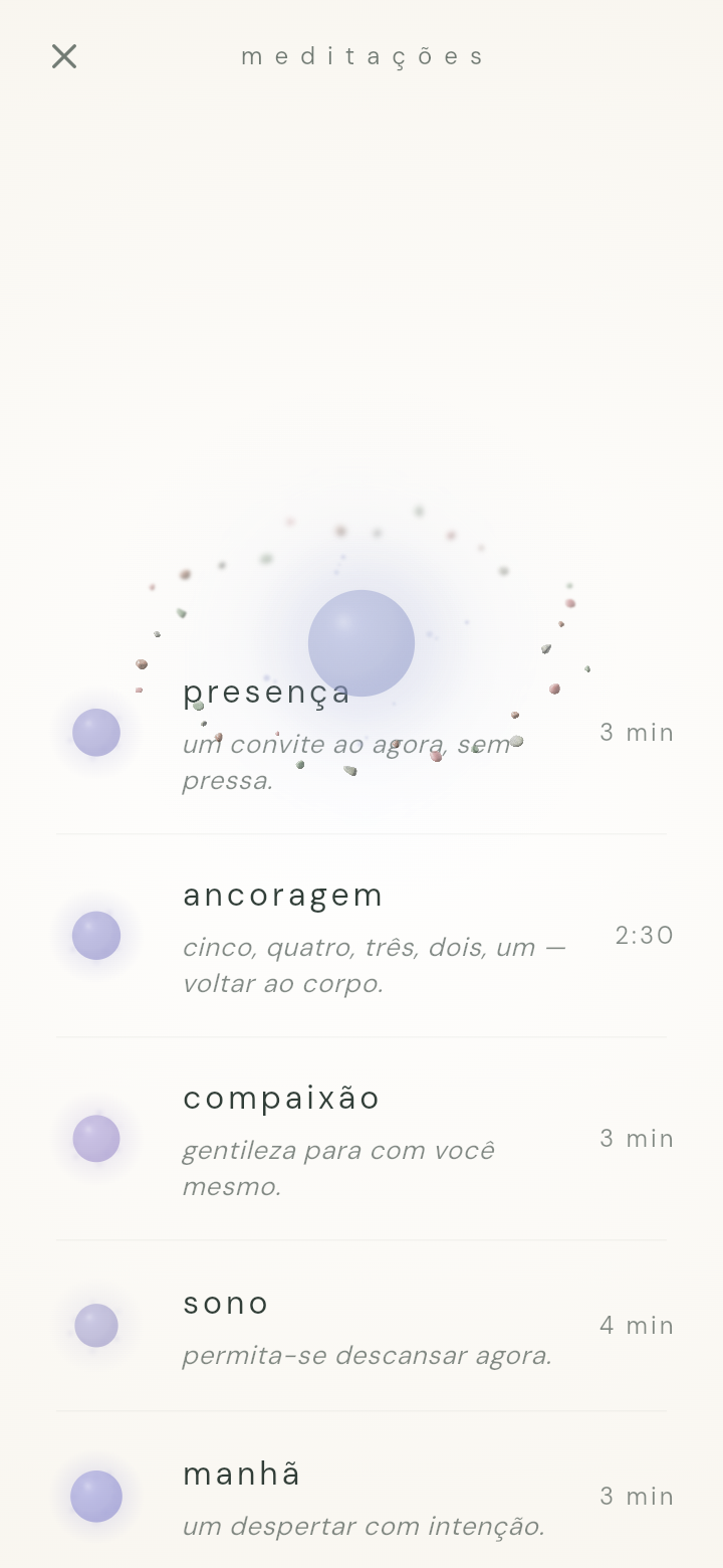 Tela de meditações do MindfulTrack: biblioteca de práticas guiadas curtas com nomes e durações — presença 3 min, ancoragem 2:30, compaixão, sono e manhã
