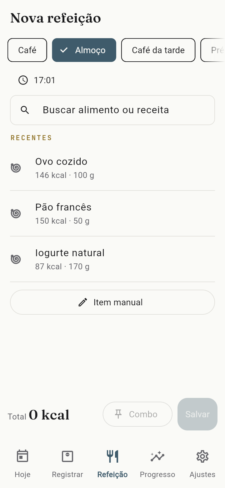 Tela Nova refeição: tipos, busca e item manual