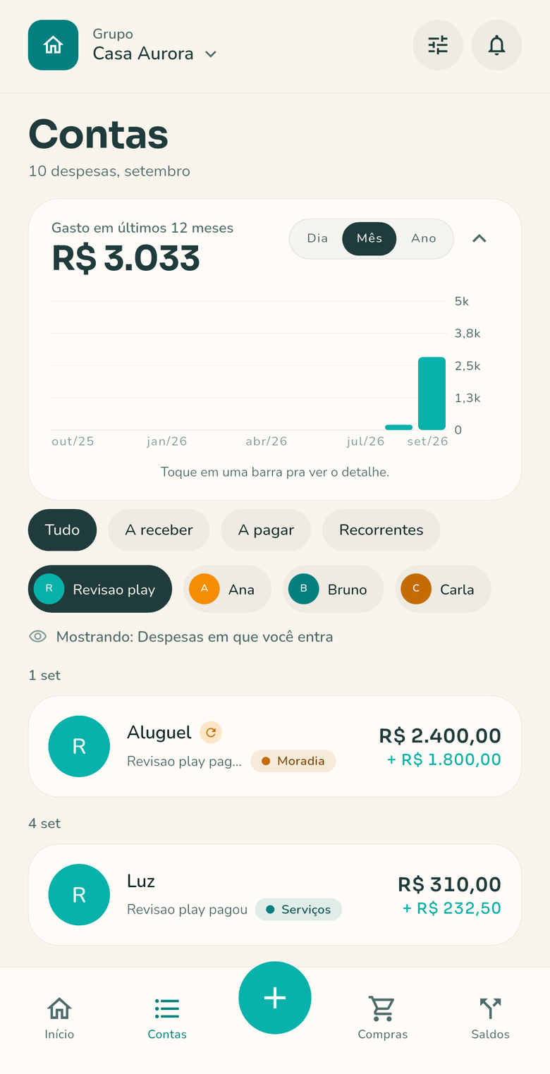 Tela Contas do Quitô: gasto dos últimos meses em gráfico, filtros por pessoa e a lista de despesas do grupo com quanto cabe a cada um.