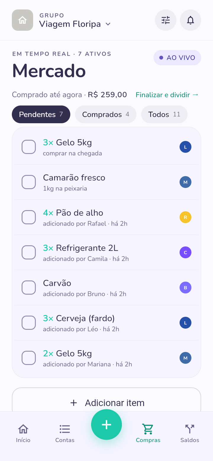 Tela ‘Mercado’ do RachaFácil em tempo real: itens da lista do grupo (gelo, camarão, pão de alho, refrigerante, carvão, cerveja) adicionados por diferentes pessoas, total comprado de R$ 259,00 e botão ‘finalizar e dividir’