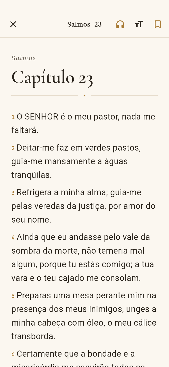 Tela de leitura do SacraVulgata mostrando o Salmo 23 na tradução Almeida Corrigida Fiel — ‘O SENHOR é o meu pastor, nada me faltará’ — com o cabeçalho ‘Salmos · Capítulo 23’.