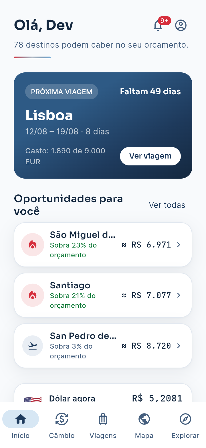 Tela inicial do Vantagogo: saudação ‘Olá, Dev’, card da próxima viagem a Lisboa com contagem regressiva e gasto acompanhado, e a lista ‘Oportunidades para você’ com destinos e estimativas em reais.
