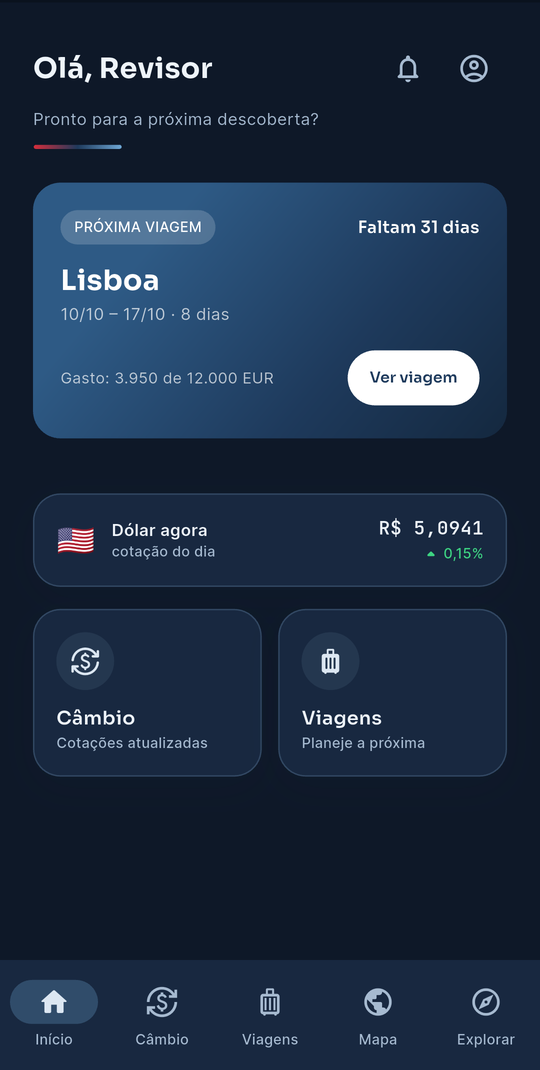 Tela inicial do Vantago: saudação, card da próxima viagem a Lisboa com contagem regressiva (faltam 31 dias) e gasto acompanhado (3.950 de 12.000 EUR), cotação do dólar do dia e atalhos para Câmbio e Viagens.