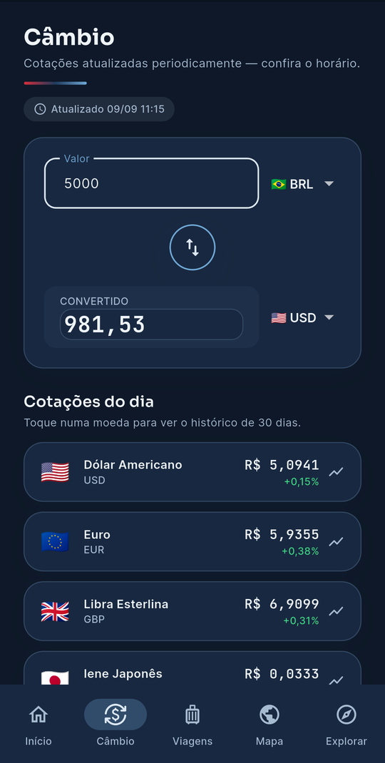 Vantago — Câmbio: conversor de 5.000 reais para dólar e as cotações do dia de dólar, euro, libra e iene com variação