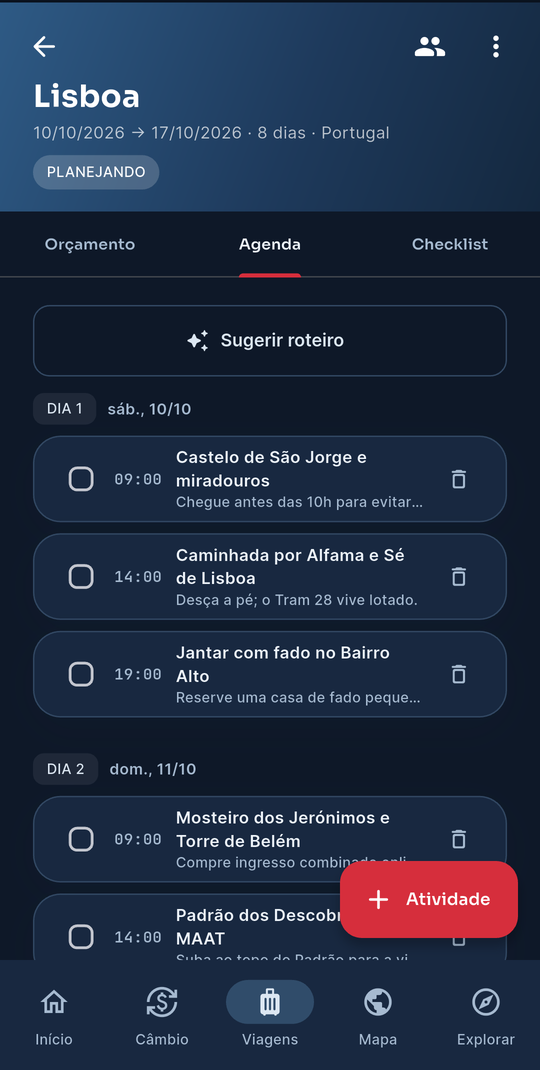 Vantago — Agenda da viagem a Lisboa com roteiro sugerido dia a dia: Castelo de São Jorge, Alfama e Sé, jantar com fado no Bairro Alto