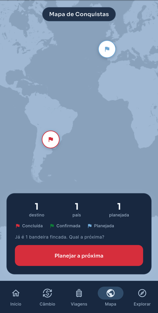 Vantago — Mapa de conquistas com bandeira vermelha em Buenos Aires (concluída) e azul em Lisboa (planejada), e o botão Planejar a próxima