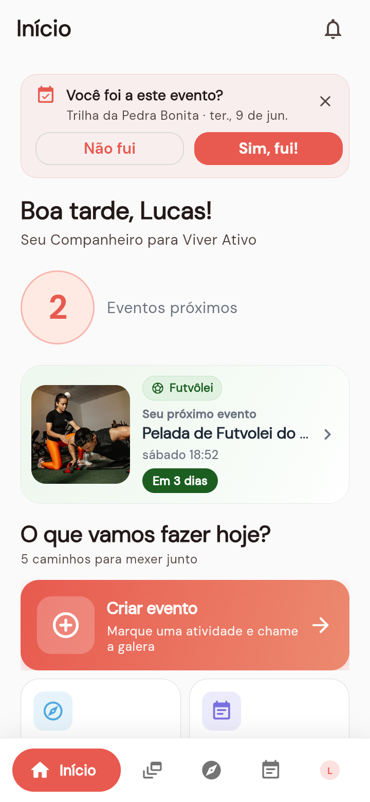 Tela inicial do VitaCoach: a saudação ‘Boa tarde, Lucas!’, um card de confirmação pós-evento, o próximo evento ‘Pelada de Futvôlei’ e o botão ‘Criar evento’