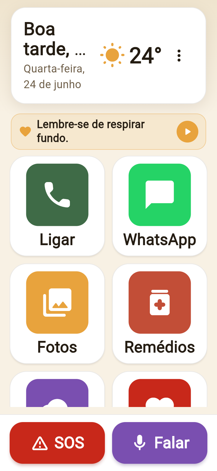 Tela inicial do VovôFácil: botões gigantes de Ligar, WhatsApp, Fotos e Remédios, um cartão com o clima e uma barra grande de SOS e Falar — tudo fácil de tocar.